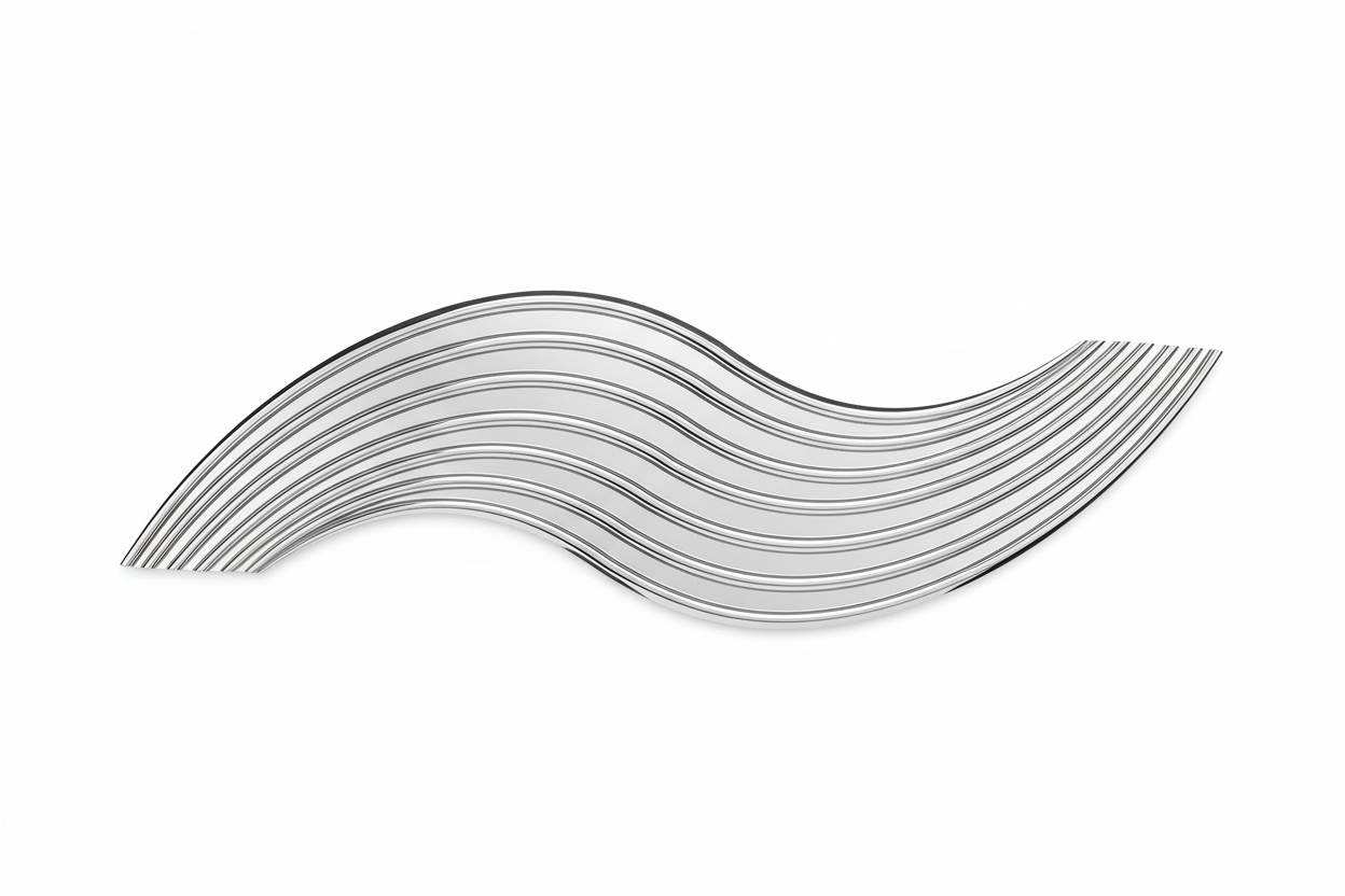 Artistic minimalistic flat mirror with waves and polished silver finish that brings dynamic movement to any wall. The elegant curved design creates visual interest while maintaining a refined aesthetic, making it an ideal statement piece for contemporary interiors. Its sleek silver finish complements modern décor while the sculptural form adds architectural depth to entryways, living rooms, or bedrooms. Perfect for those seeking sophistication. Plain white background