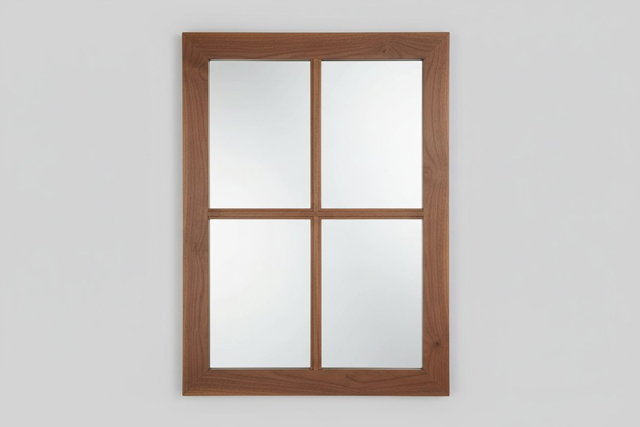 Inspired by classic window pane architecture, the Serenity Window Mirror features a refined four-panel design separated by warm walnut mullions that evoke timeless elegance. This thoughtfully proportioned piece transcends typical mirror functionality, serving as a statement accent that elevates interior spaces with understated sophistication. The natural walnut framework harmonizes seamlessly with curated home environments. Plain background