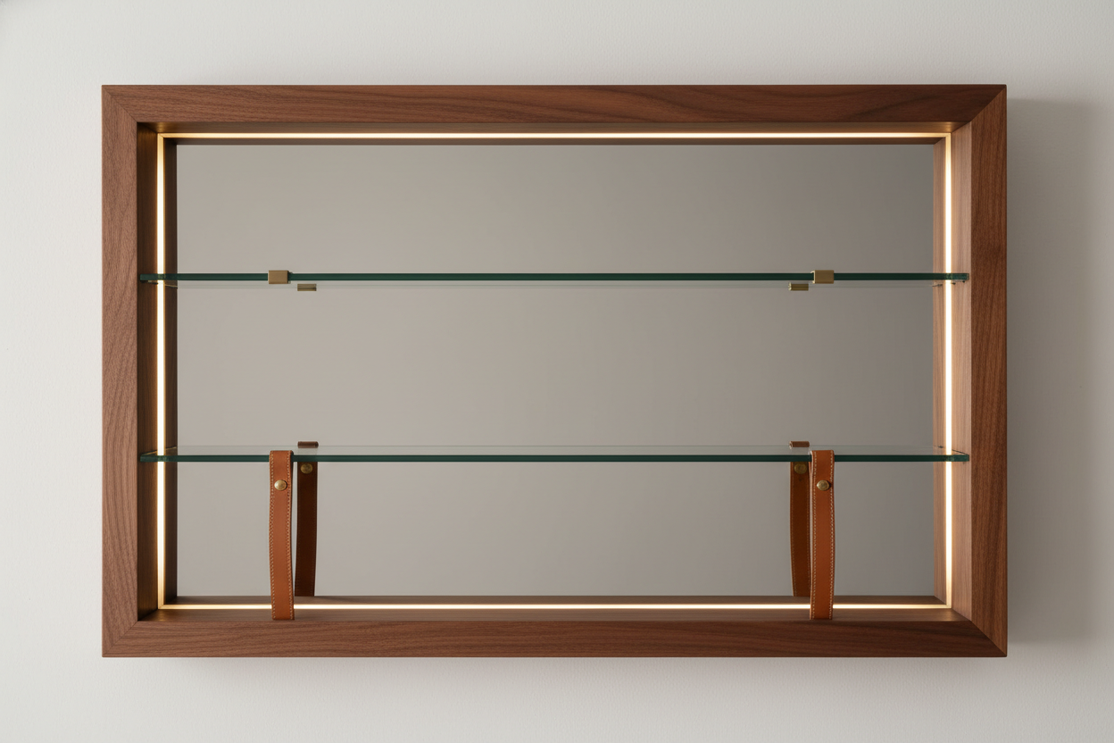 Wall mirror with integrated storage combines functional design with refined aesthetics. Features a Canaletta walnut frame that brings warmth and sophistication to any space, complemented by smoked glass shelves that add visual depth while maintaining a contemporary look. Leather handles provide ergonomic grip and tactile elegance for accessing stored items. Integrated LED lighting illuminates the mirror surface and shelving, enhancing visibility and creating ambient lighting that adapts to your needs. 